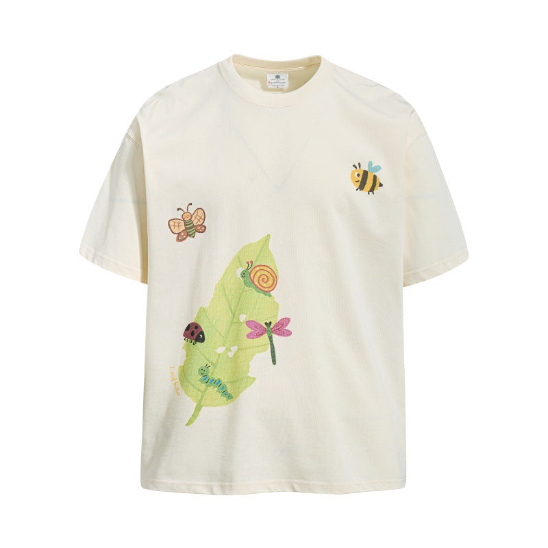 Cartoon Insect & Leaf Print Cotton T-Shirt