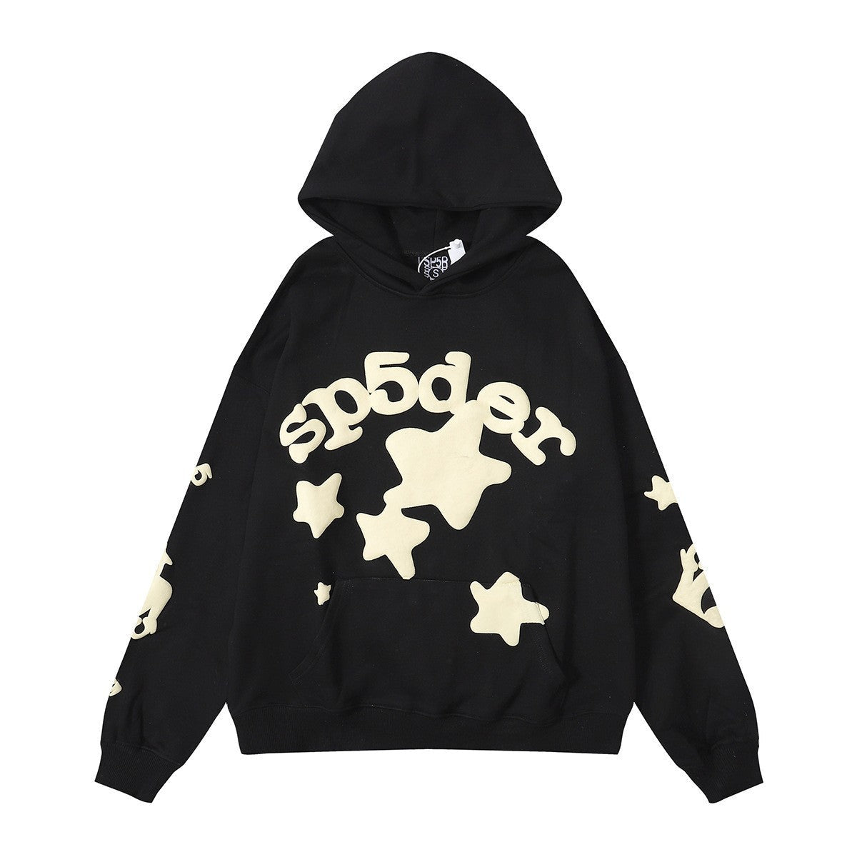 The Sp5der “Star Cluster” Hoodie is a black and cream oversized streetwear pullover, crafted from 440GSM heavyweight cotton fleece with cream star clusters and “sp5der” print across the front, sleeves, and pocket.