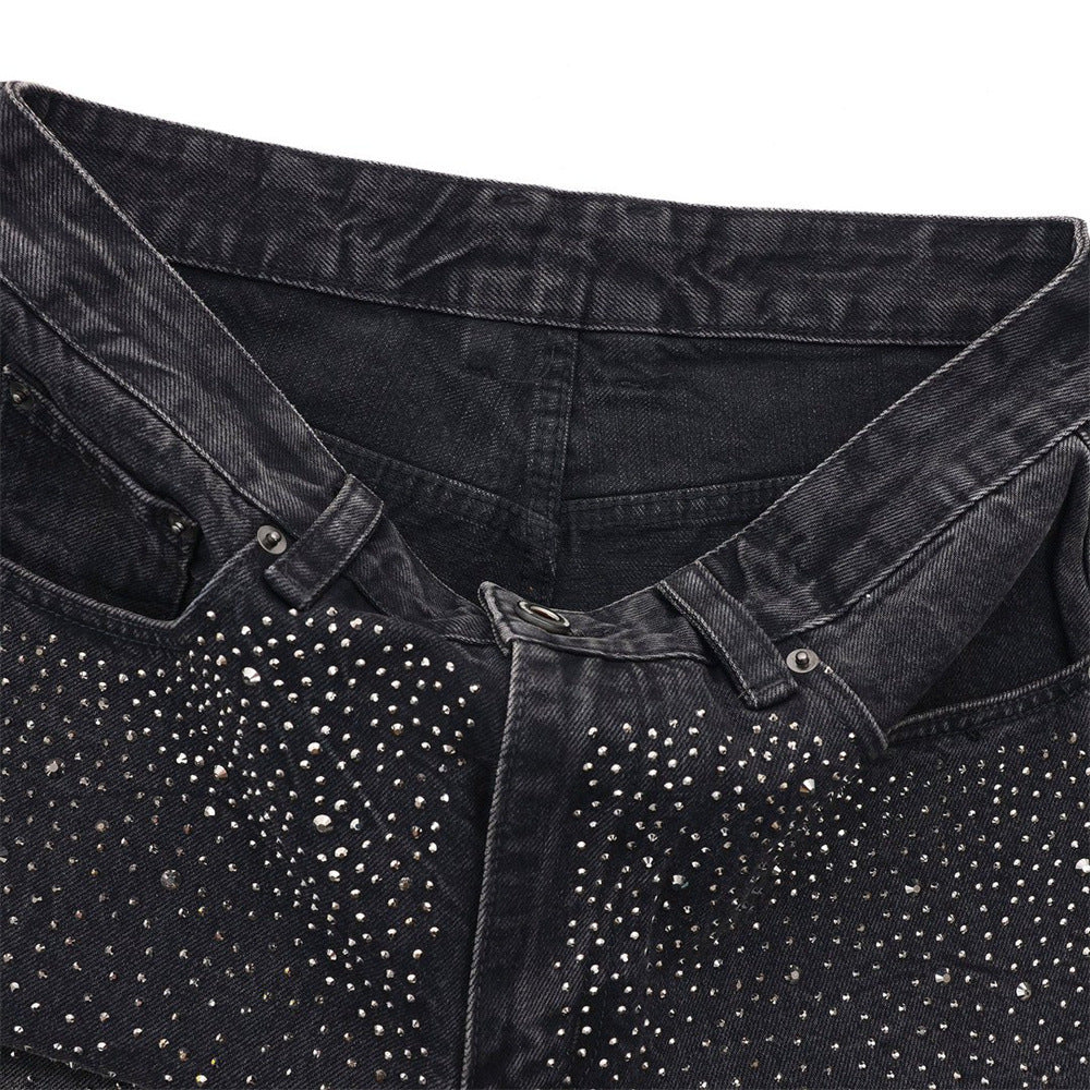 Men's Wide-Leg Baggy Jeans – Washed Black Rhinestone Embellished Denim