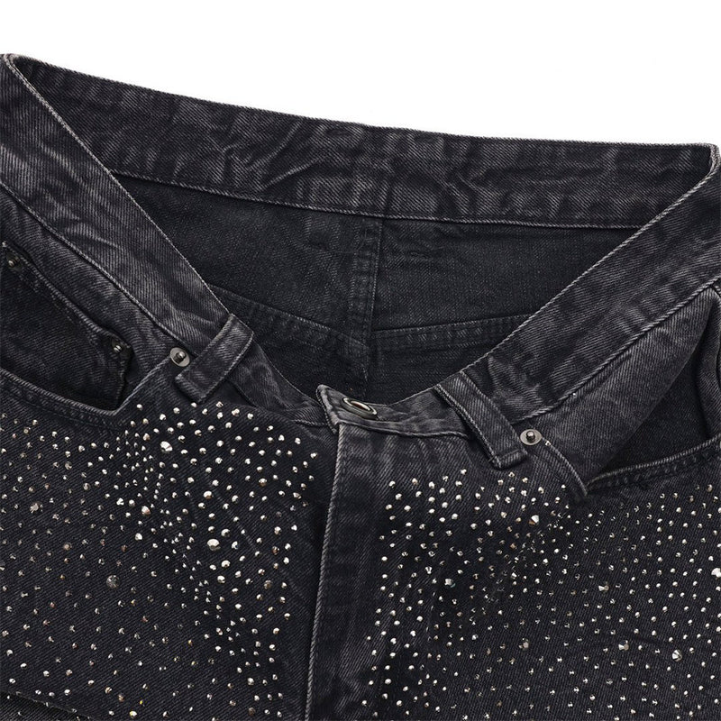 Men's Wide-Leg Baggy Jeans – Washed Black Rhinestone Embellished Denim