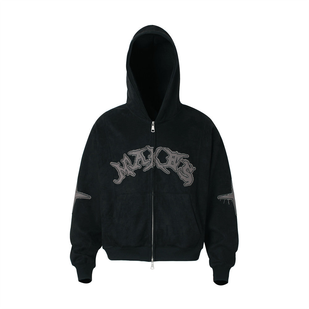Baggy Zip Up Hoodie with Letter Appliqué — Oversized Streetwear Zip Hoodie
