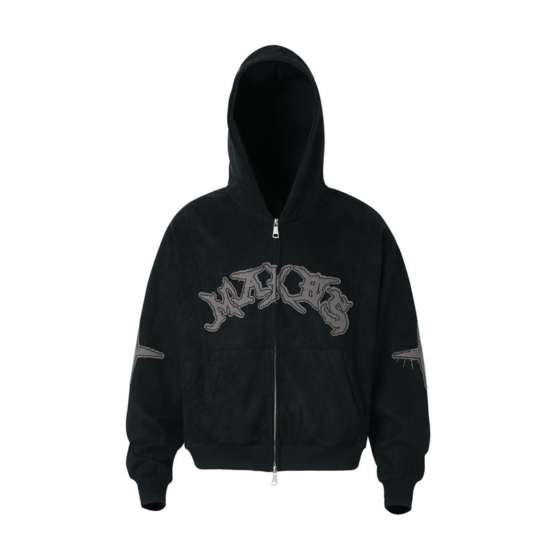 Baggy Zip Up Hoodie with Letter Appliqué — Oversized Streetwear Zip Hoodie