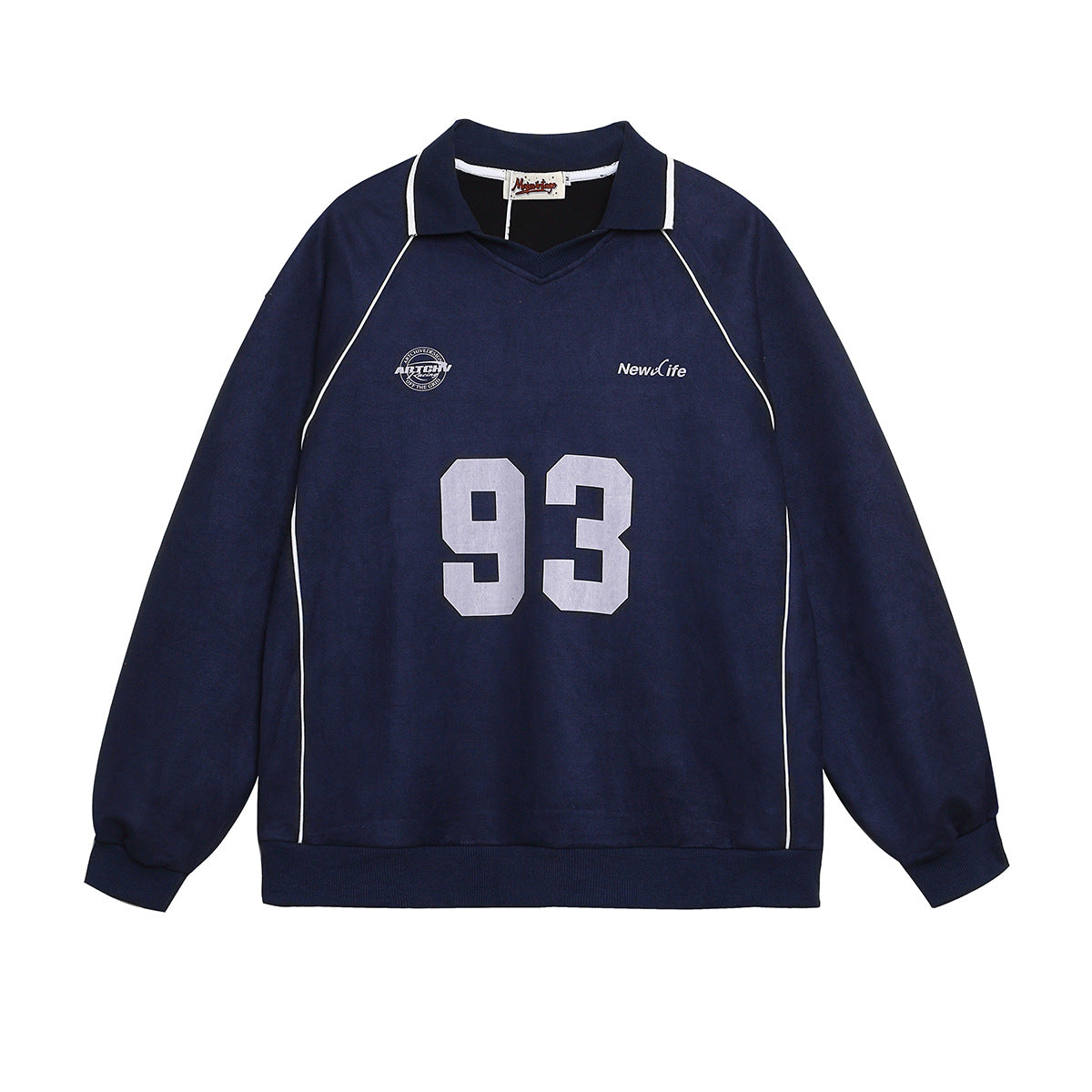 Oversized varsity number 93 polo collar sweatshirt with white piping in navy blue, front view