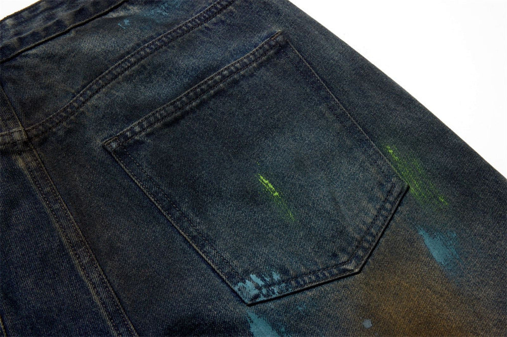 Baggy Paint Splatter Jeans Men – Wide Leg Grunge Denim Straight Pants
