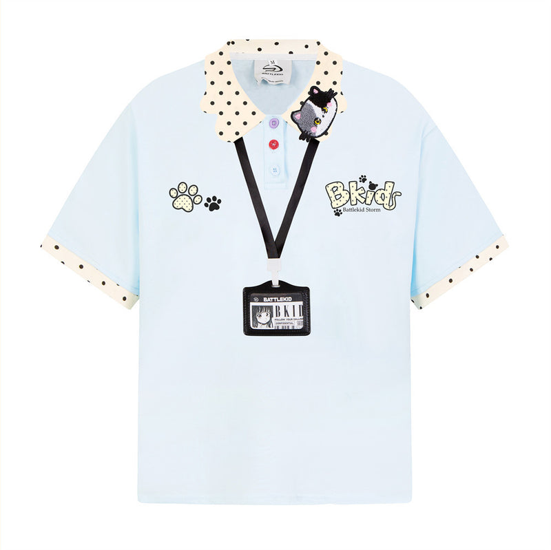 BKids Battlekid Storm Anime Cat Embroidery Polo Shirt with ID Card Lanyard