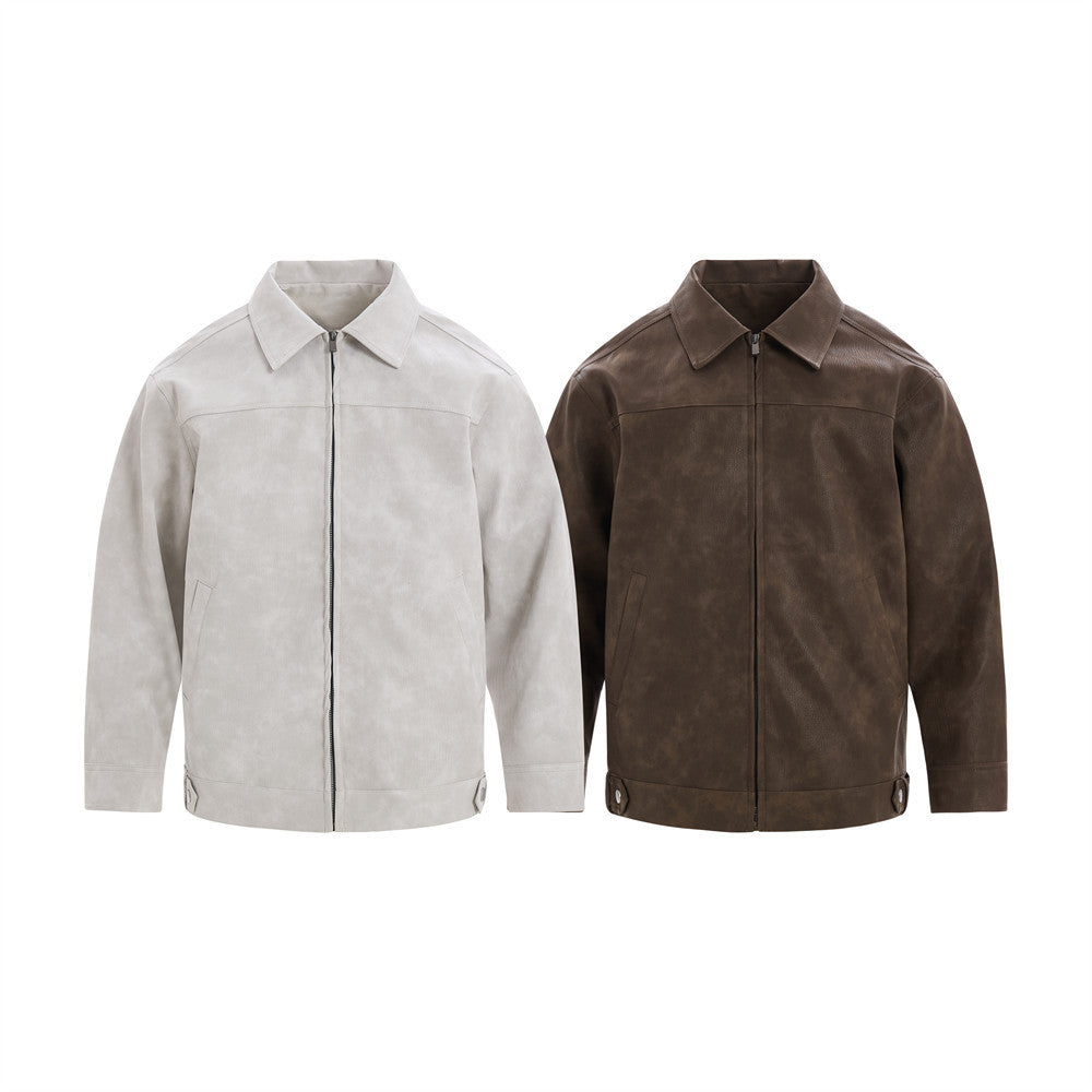 Men's Vintage Distressed PU Leather Zip-Up Jacket – Relaxed Fit Retro Street