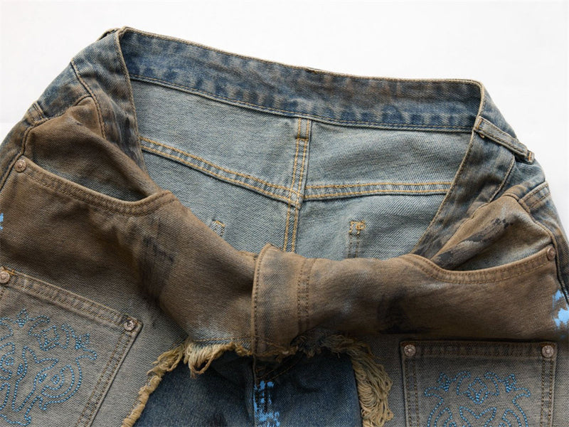 Baggy Jeans with Paint Splatter Patchwork & Distressed Raw-Edge Detail