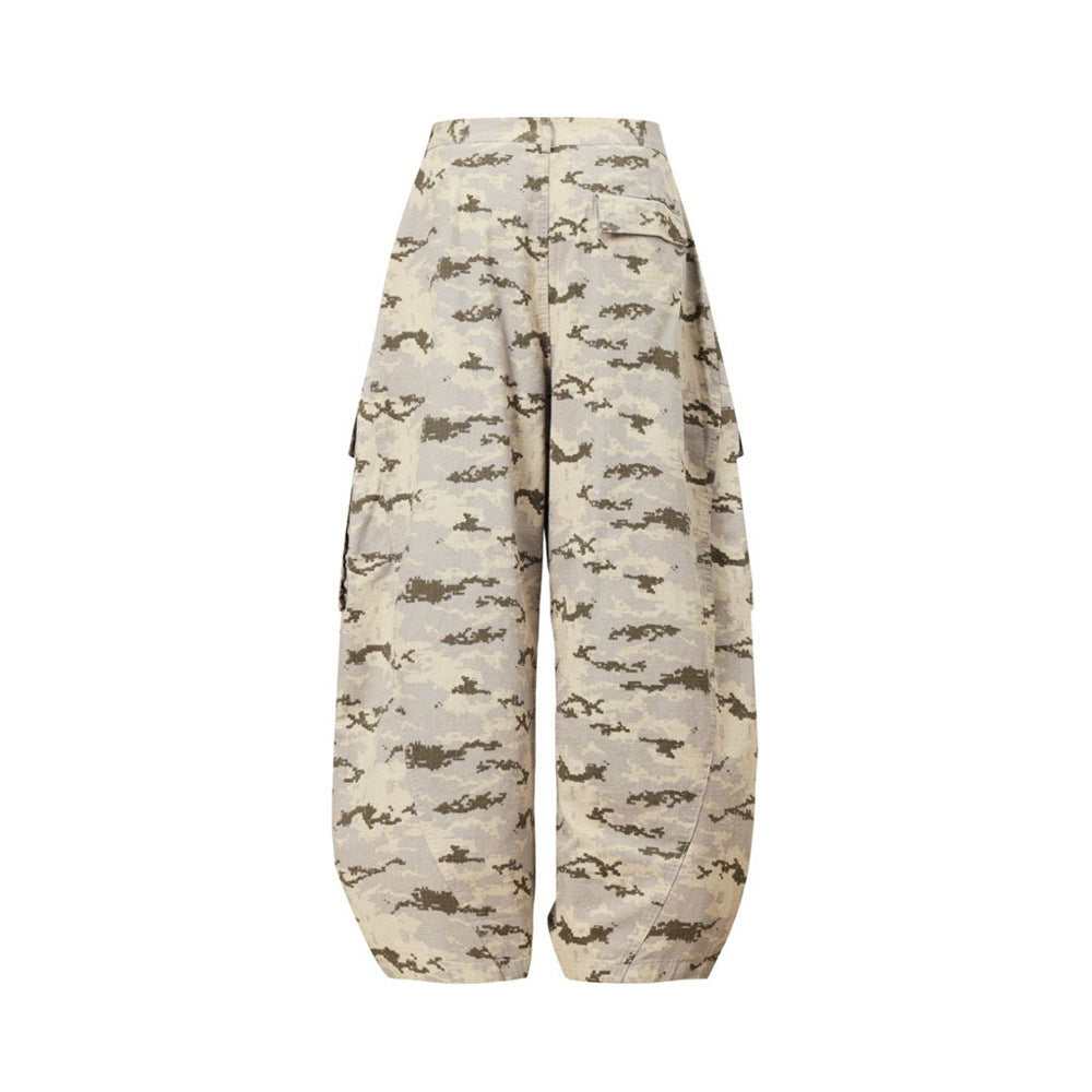 Back view of desert digital camo wide-leg cargo pants with flap pocket