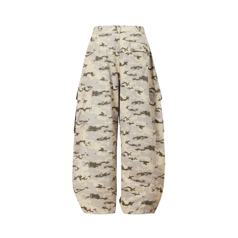 Back view of desert digital camo wide-leg cargo pants with flap pocket