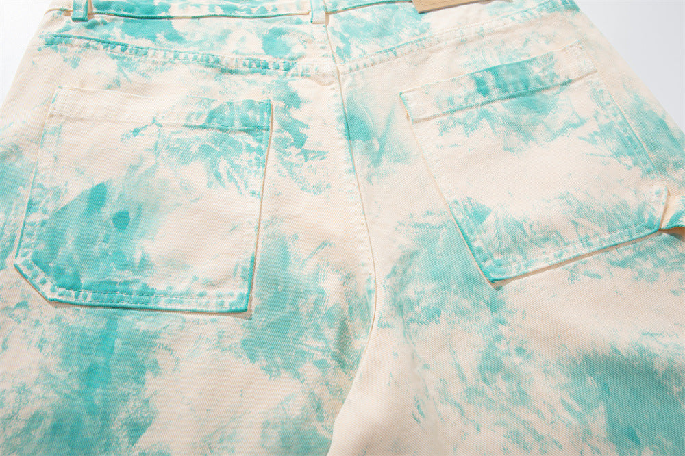 Tie-Dye Wide-Leg Denim Shorts – Loose Fit Cargo-Style Cropped Jeans