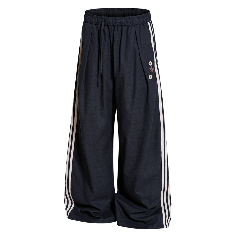Pantalon de survêtement wide leg – Triple bande latérale, taille élastique à cordon