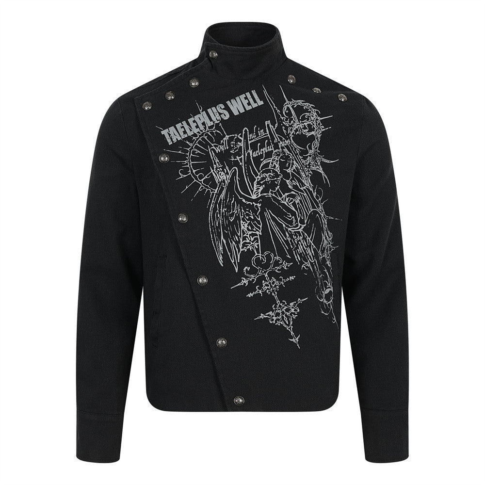 Men's Gothic Short Jacket – Diagonal Snap Closure, Angel Graphic & Stand Collar
