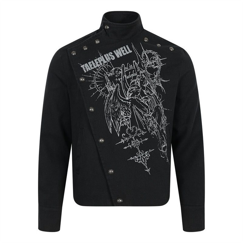 Men's Gothic Short Jacket – Diagonal Snap Closure, Angel Graphic & Stand Collar