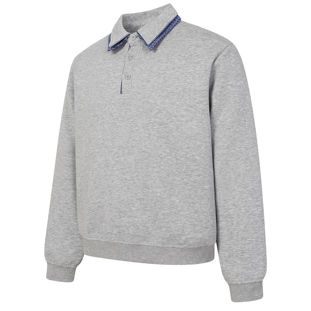 Sweat-shirt homme à col polo et bordure à carreaux | Coupe décontractée, manches longues