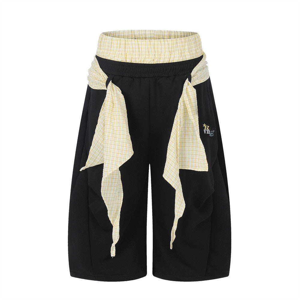 Fake Two-Piece Plaid Splice Double Waistband Shorts – Men's Loose Fit Street Sty