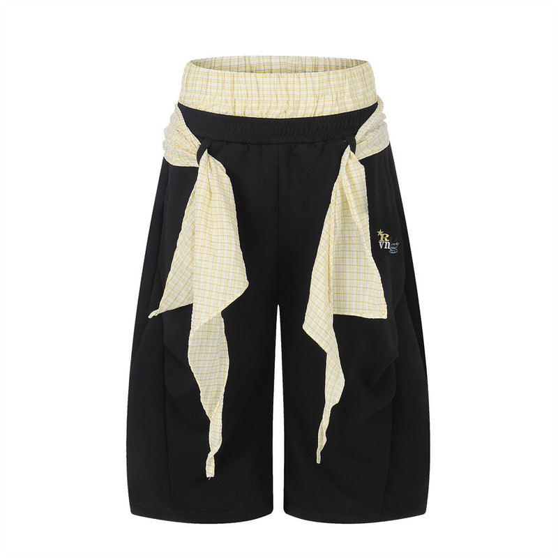 Fake Two-Piece Plaid Splice Double Waistband Shorts – Men's Loose Fit Street Sty