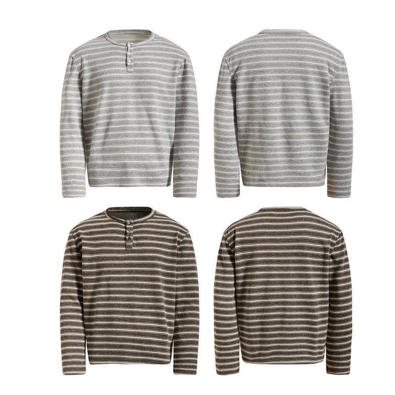 Men's Striped Henley Long-Sleeve Shirt – Vintage American Lazy Style