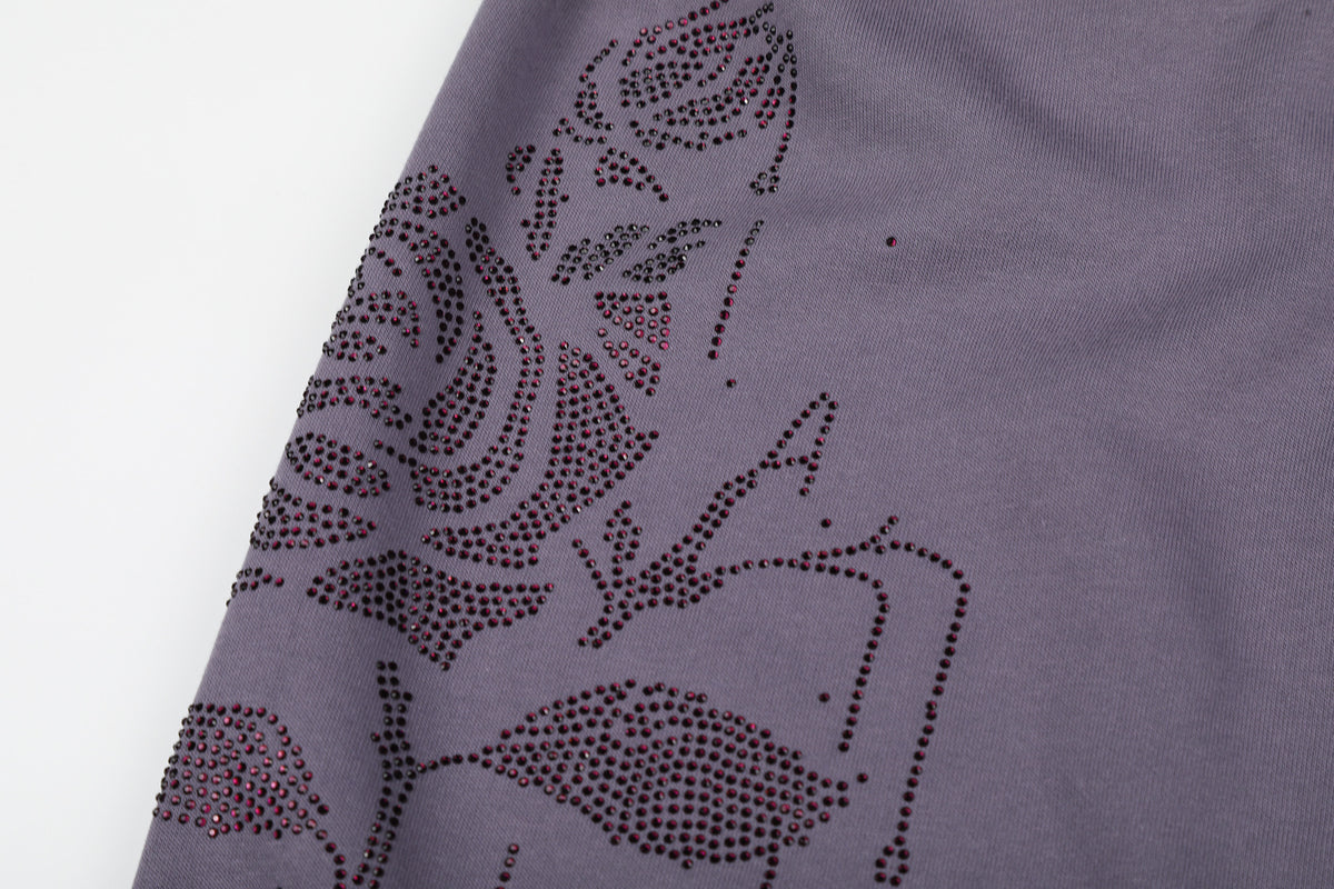 Wide-Leg Sweatpants with Rhinestone Rose Print & Drawstring Waist