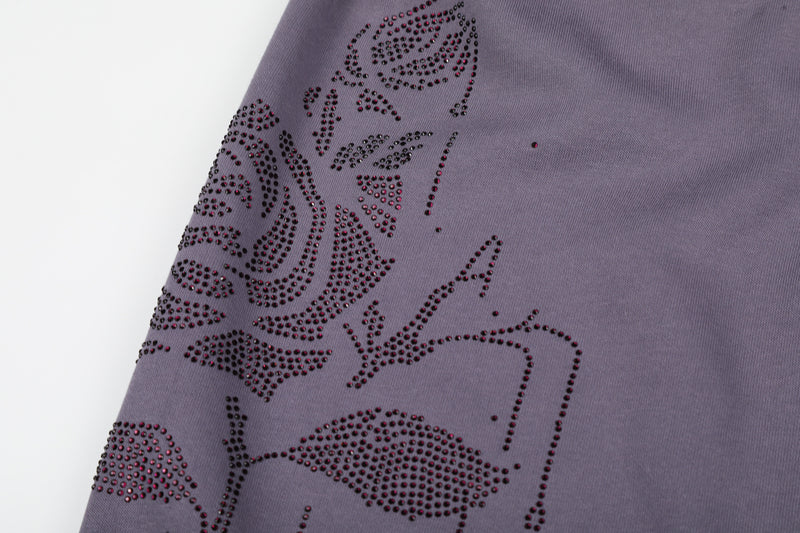 Wide-Leg Sweatpants with Rhinestone Rose Print & Drawstring Waist