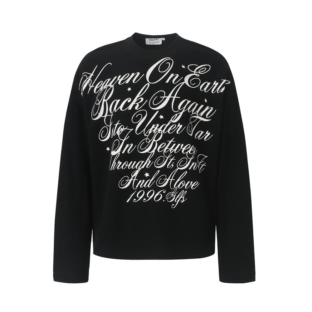 Oversized gothic script print long sleeve waffle knit crewneck tee in black and cream