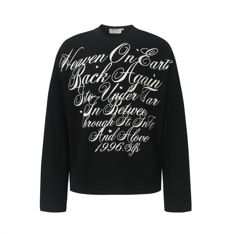 Oversized gothic script print long sleeve waffle knit crewneck tee in black and cream
