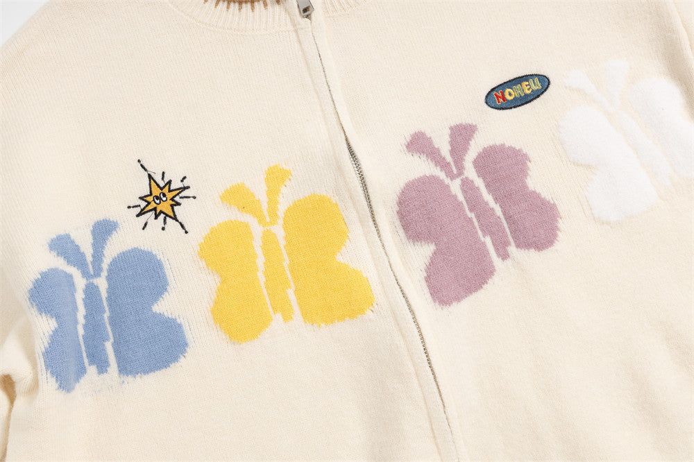 Jacquard-Strick-Cardigan mit Schmetterlingen und Reißverschluss – Colourblock-Streetwear-Pullover