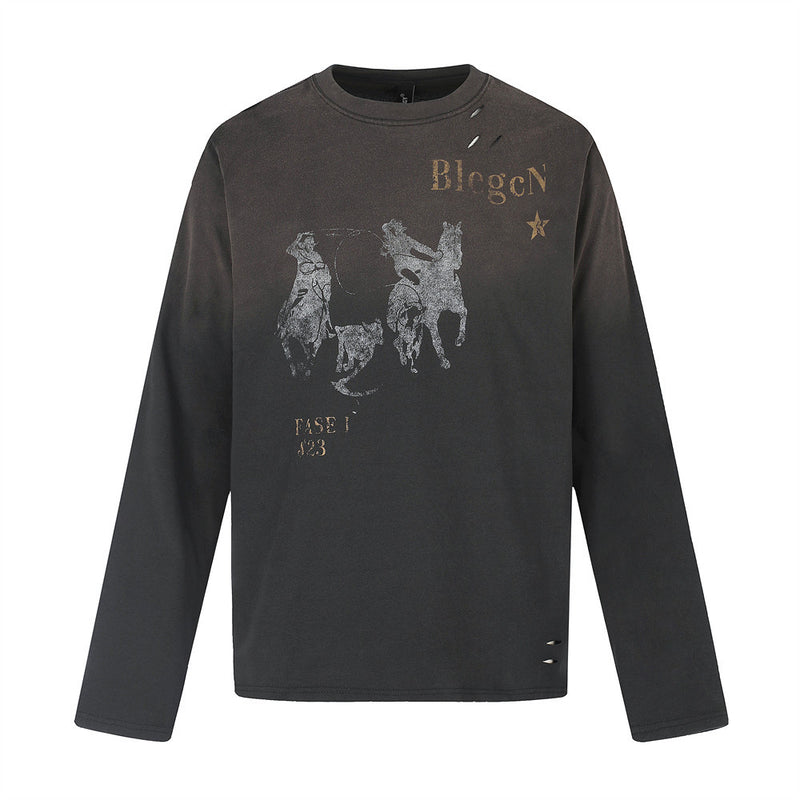 Front view of black long sleeve crewneck T-shirt with faded horse print and torn shoulder details