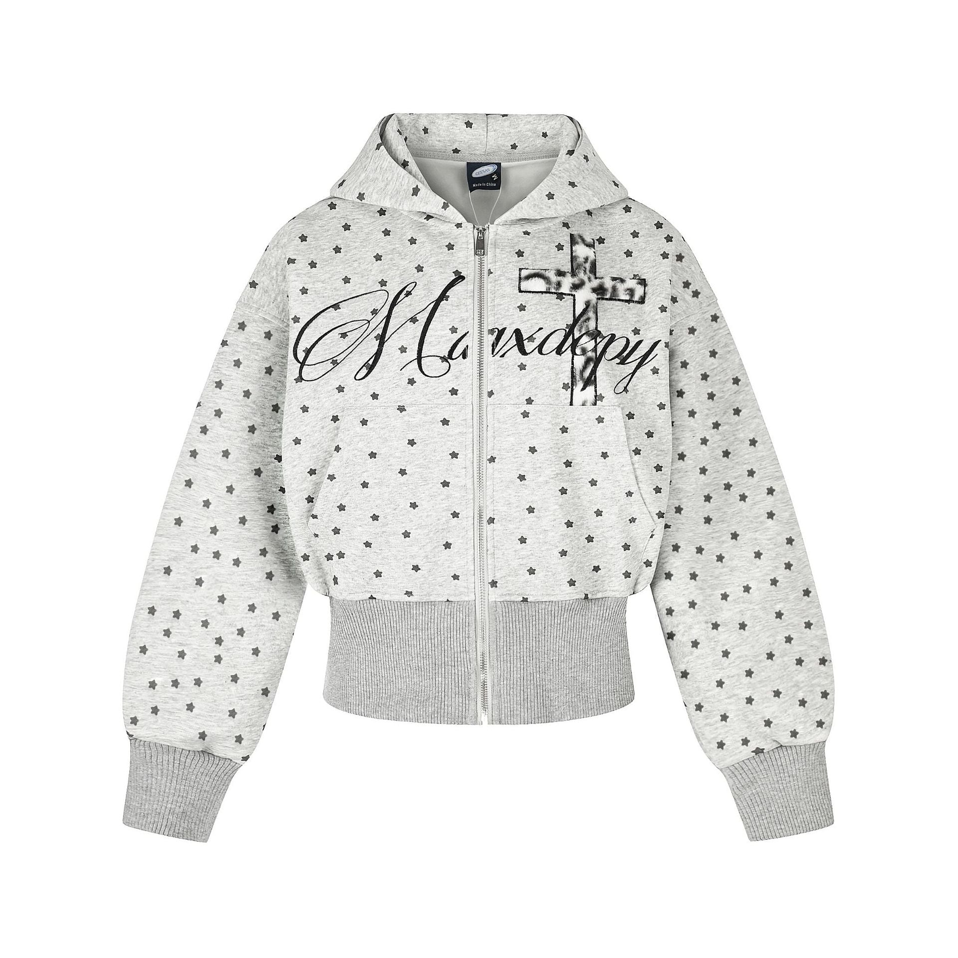 Sweat à capuche zippé court gris chiné avec imprimé intégral de mini-étoiles et motif de croix léopard sur la poitrine, vues de face et de dos