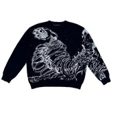 The Seakoff Premium Skeleton Ribcage Knit Sweater features a gothic streetwear jacquard design with an abstract white skeleton ribcage and face on a black background, ideal for fans of alternative fashion.