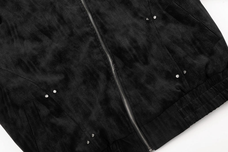 Schwarze Bomberjacke mit Wildlederoptik, Kunstpelzkragen und Wattierung im Biker-Stil