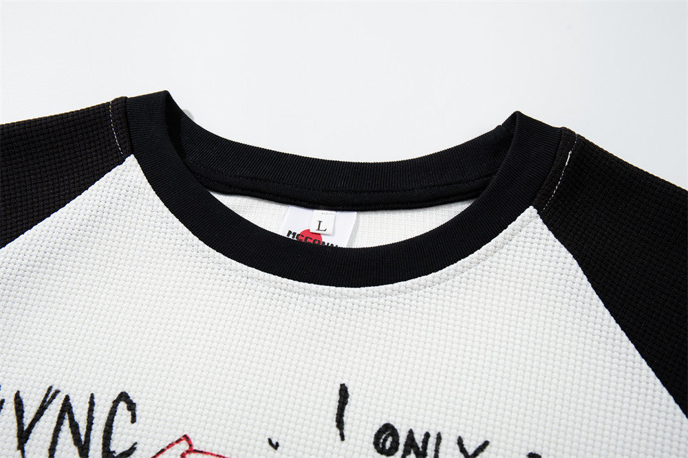 Men's Graphic Long-Sleeve Raglan T-Shirt – White & Black Waffle-Knit Colorblock