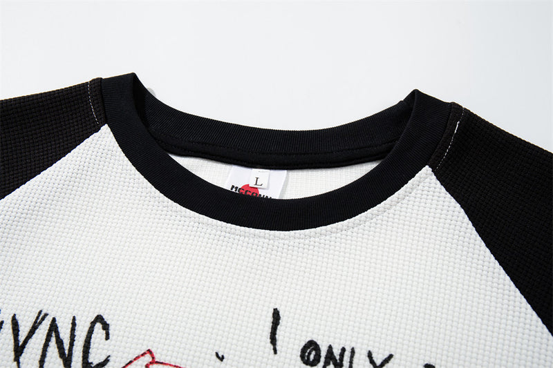 Men's Graphic Long-Sleeve Raglan T-Shirt – White & Black Waffle-Knit Colorblock