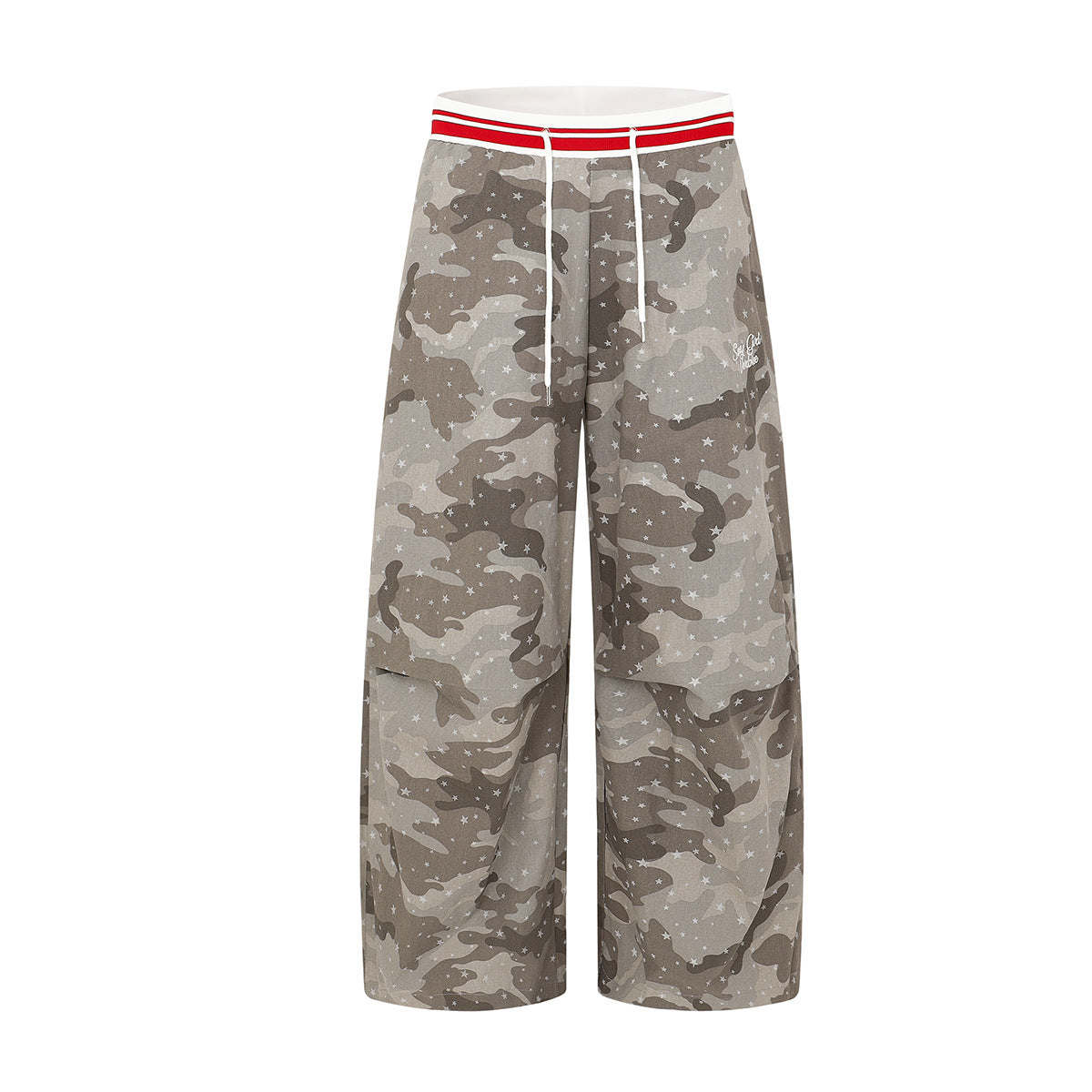 Cargohose mit weitem Bein, grauem Camouflage-Sternprint, elastischem Bund mit rotem Streifen und weißem Kordelzug, Vorder- und Rückansicht