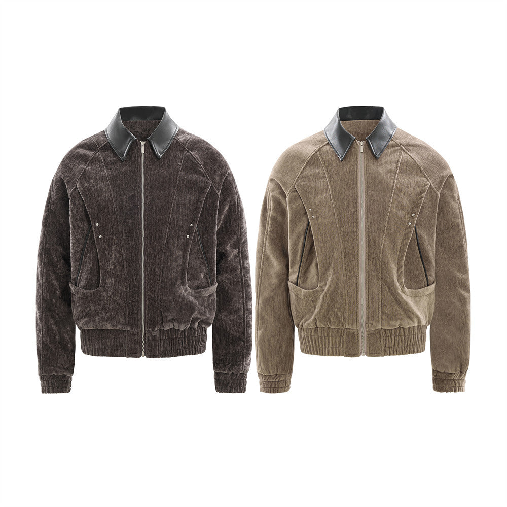 Blouson bomber homme en velours, col en similicuir et grandes poches