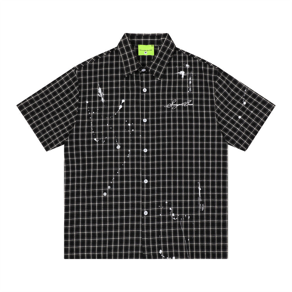 Paint Splatter Plaid Short Sleeve Shirt – Relaxed Fit Street Style