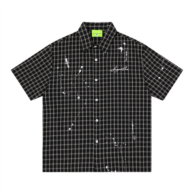 Paint Splatter Plaid Short Sleeve Shirt – Relaxed Fit Street Style