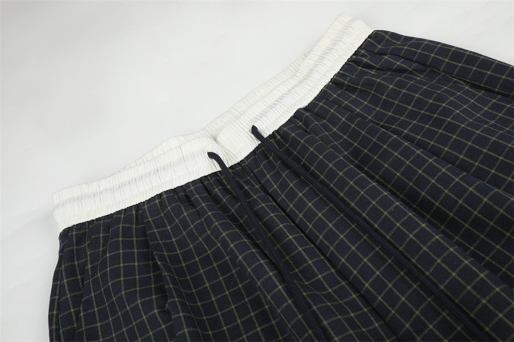 Plaid Wide-Leg Pants – Contrast Elastic Waistband, Relaxed Fit