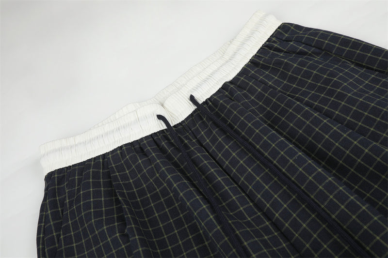 Plaid Wide-Leg Pants – Contrast Elastic Waistband, Relaxed Fit