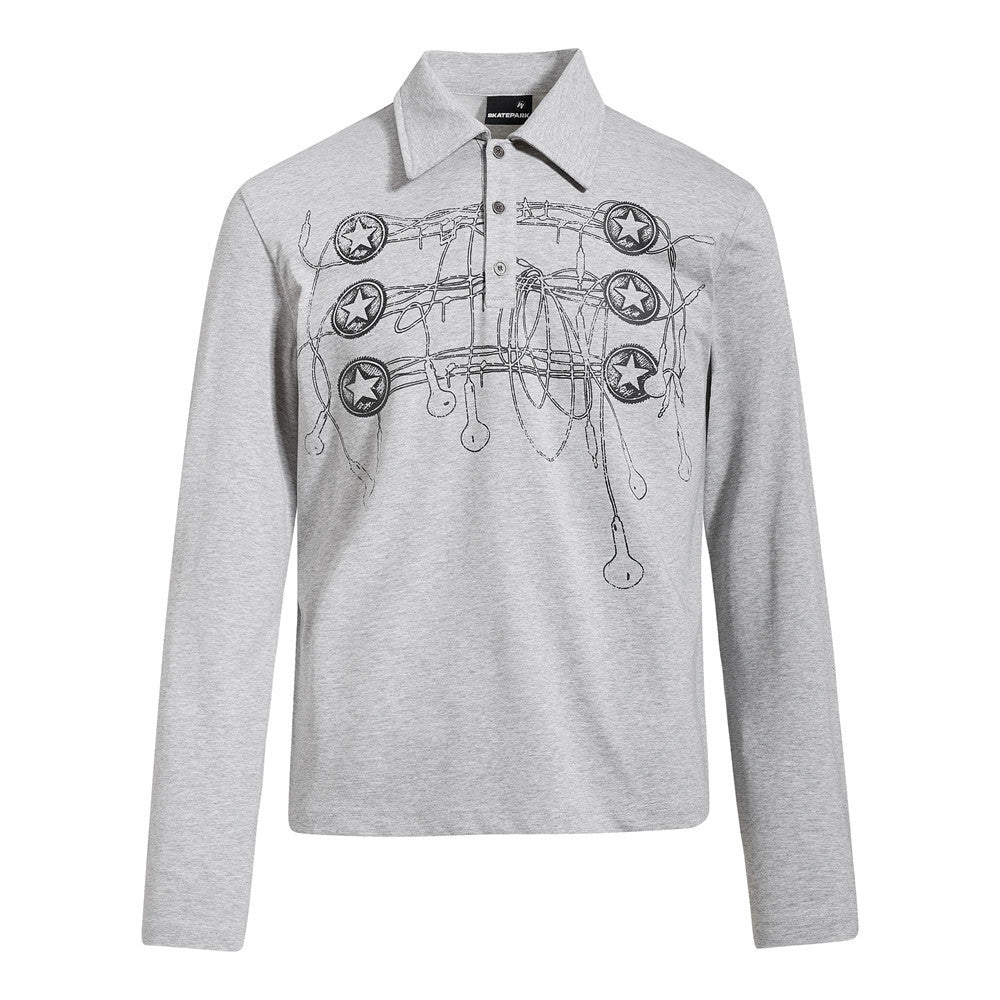 Long Sleeve Polo Shirt with Graffiti Star Print