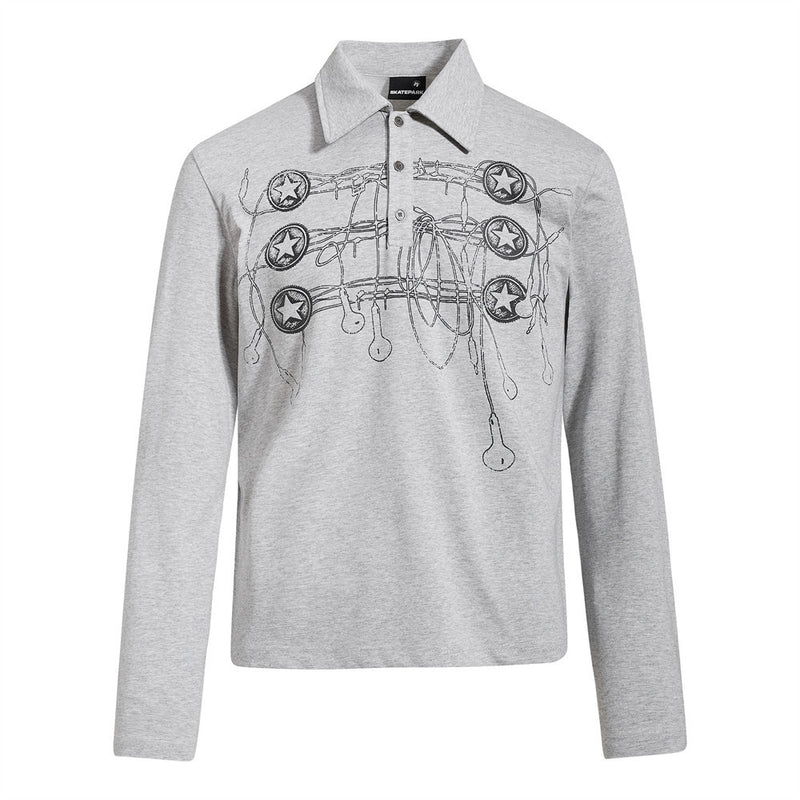 Long Sleeve Polo Shirt with Graffiti Star Print