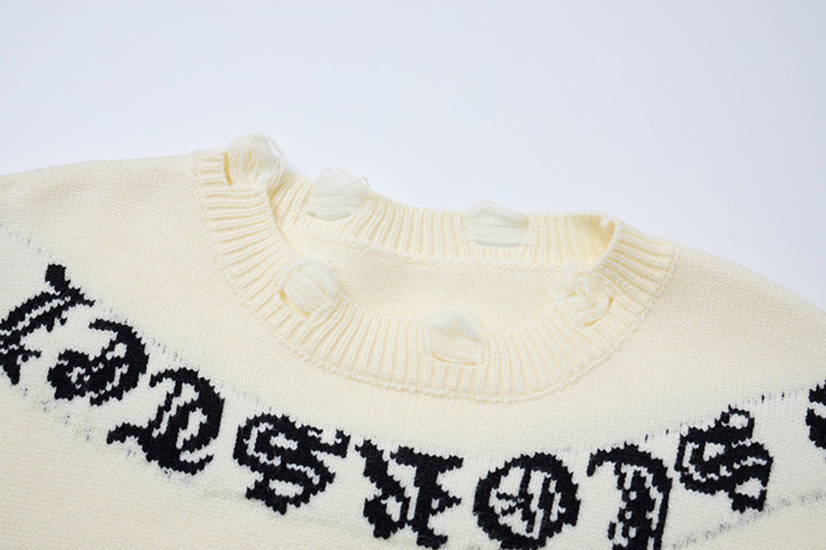 Crew Neck Knit Sweater Gothic Cross Distressed Hem Streetwear