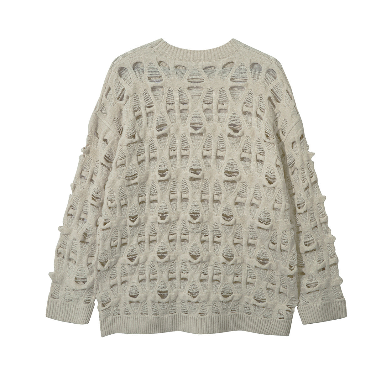 Distressed Open-Weave Crew Neck Knit Sweater – Oversized Ladder-Hole Design