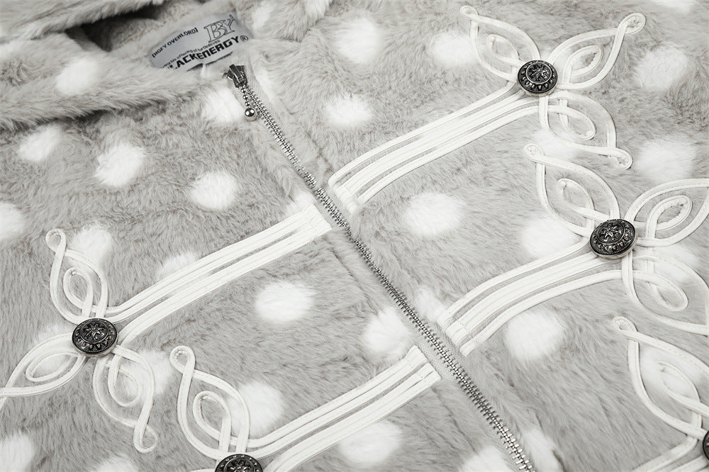 Polka Dot Faux Mink Hooded Zip Jacket – Oversized Streetwear Coat with Ornate