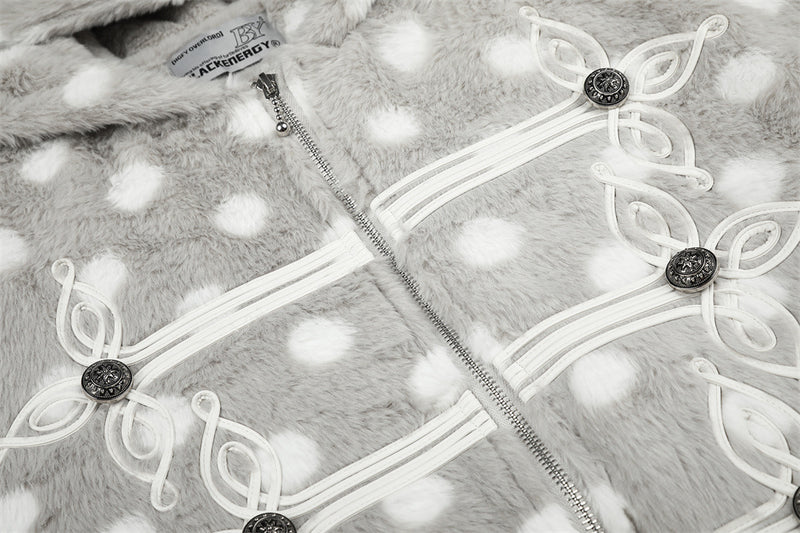 Polka Dot Faux Mink Hooded Zip Jacket – Oversized Streetwear Coat with Ornate