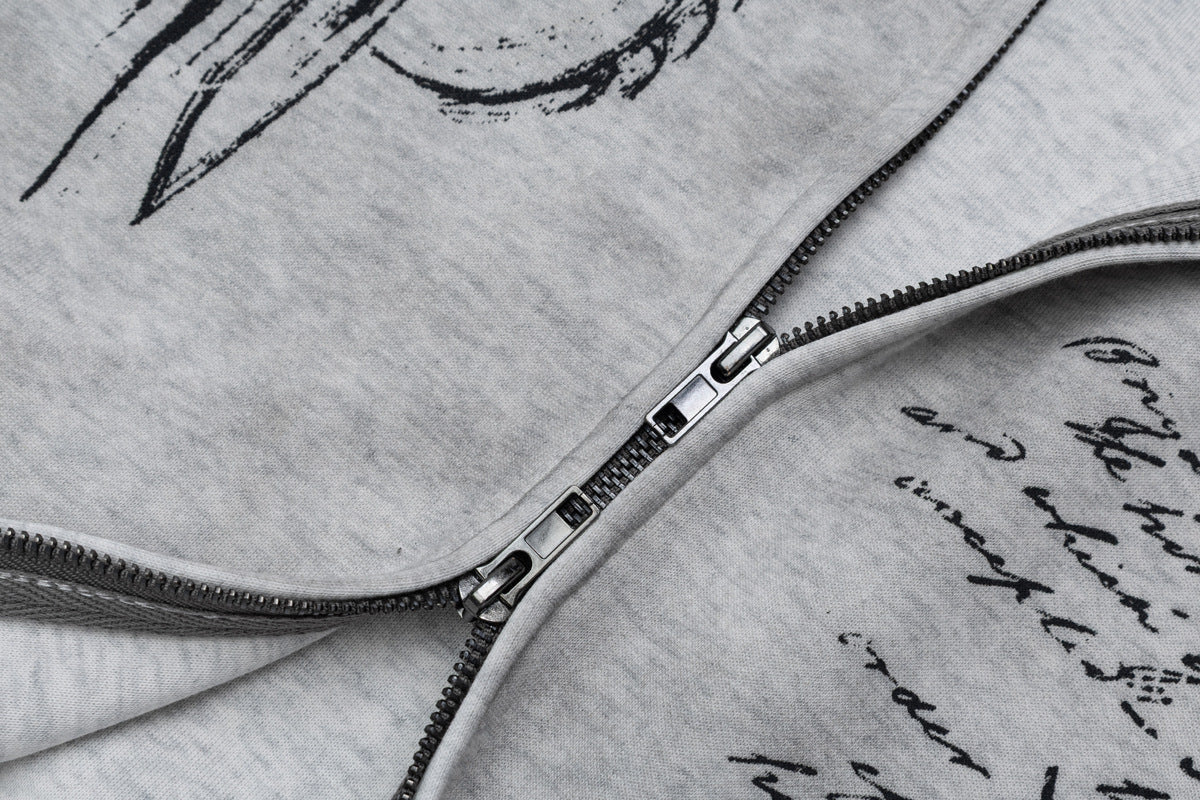 Hoodie mit Gothic-Schriftzug und Reißverschluss – Gewaschener Vintage-Dark-Style