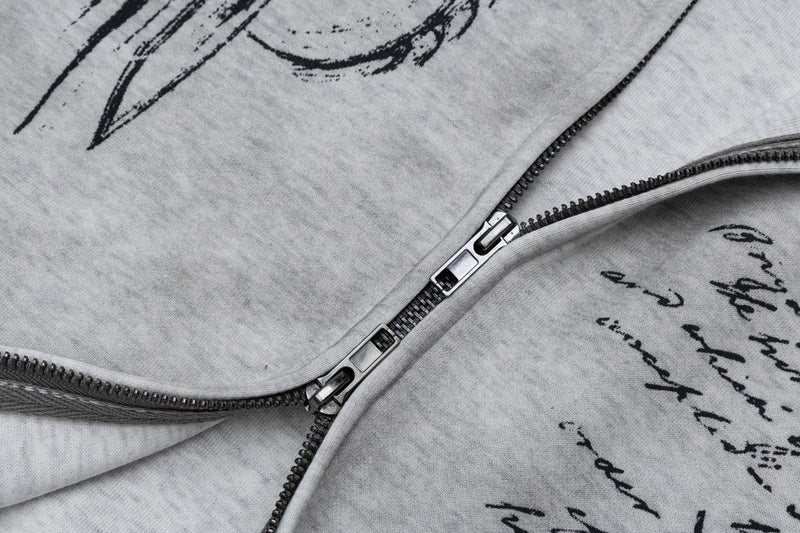 Hoodie mit Gothic-Schriftzug und Reißverschluss – Gewaschener Vintage-Dark-Style