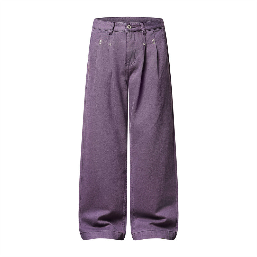 Wide-Leg Pleated Trousers – Men's High-Street Solid Color Straight-Cut Pants