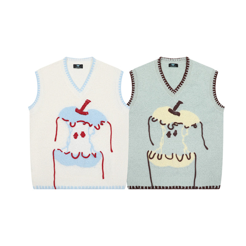 Cartoon Bear Knit Sweater Vest – V-Neck Jacquard Sleeveless Pullover
