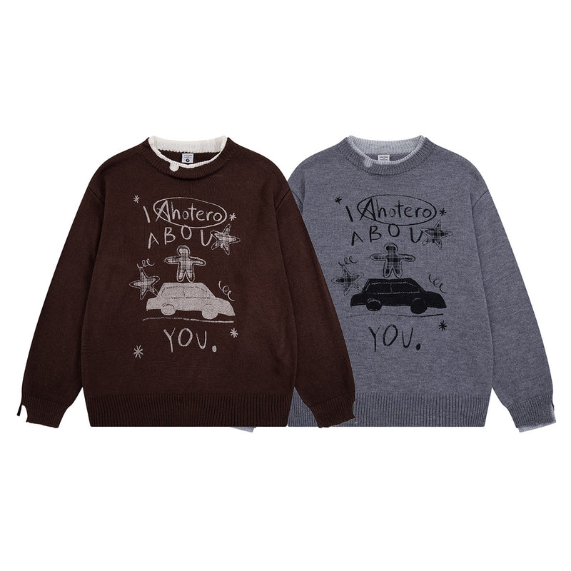 Crew Neck Graphic Knit Sweater – Retro American Campus Style
