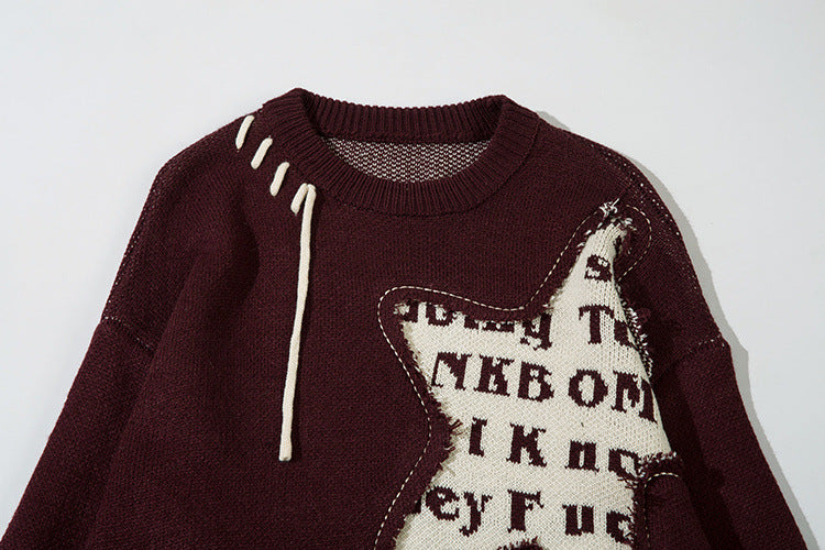 Distressed Star Knit Sweater – Oversized Grunge Pullover with Fringe Hem